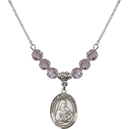 Sterling Silver Our Lady of the Railroad Birthstone Necklace with Light Amethyst Beads - 8247