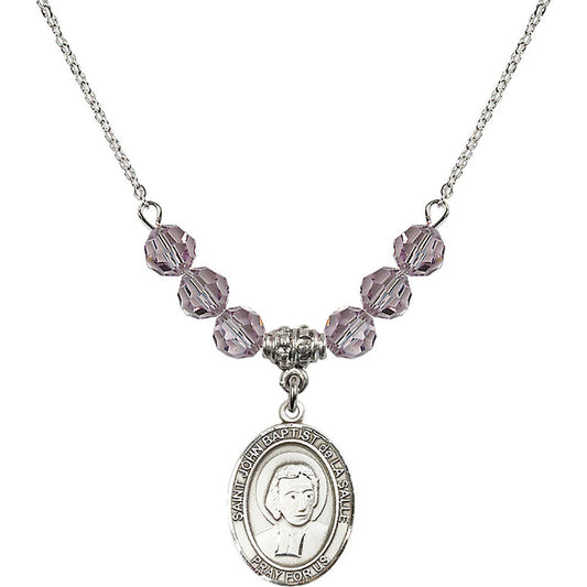 Sterling Silver Saint John Baptist de la Salle Birthstone Necklace with Light Amethyst Beads - 8262