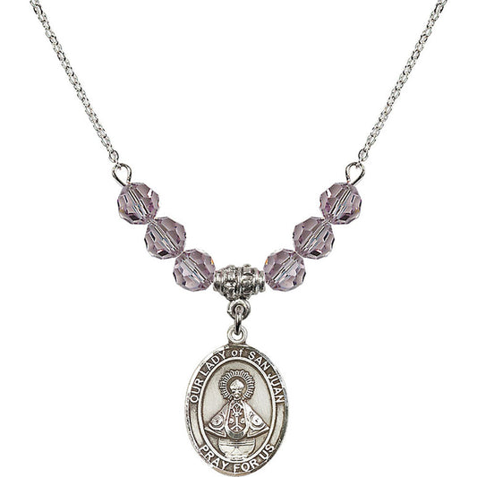 Sterling Silver Our Lady of San Juan Birthstone Necklace with Light Amethyst Beads - 8263