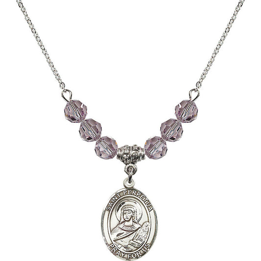 Sterling Silver Saint Perpetua Birthstone Necklace with Light Amethyst Beads - 8272