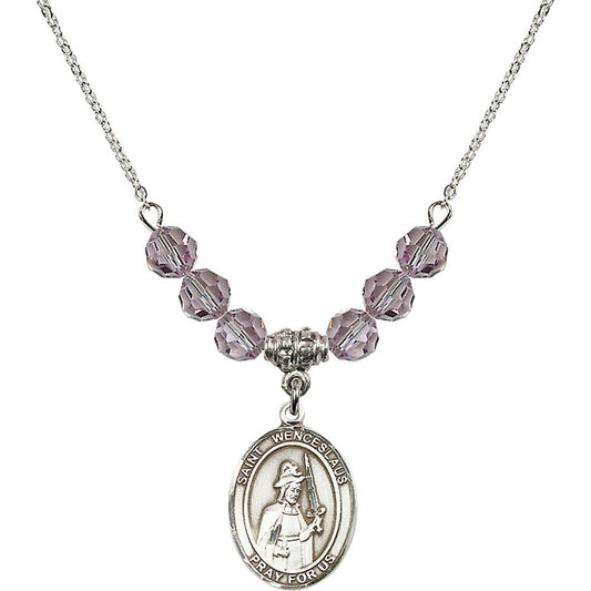 Sterling Silver Saint Wenceslaus Birthstone Necklace with Light Amethyst Beads - 8273