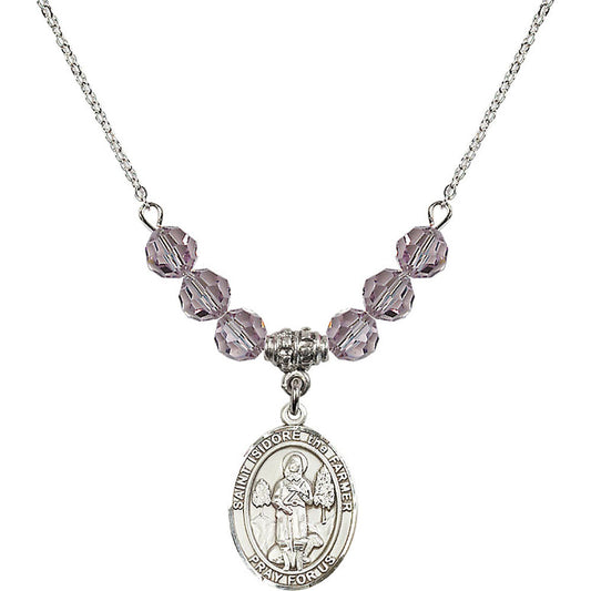 Sterling Silver Saint Isidore the Farmer Birthstone Necklace with Light Amethyst Beads - 8276