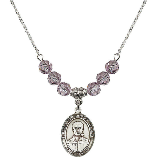 Sterling Silver Blessed Pier Giorgio Frassati Birthstone Necklace with Light Amethyst Beads - 8278
