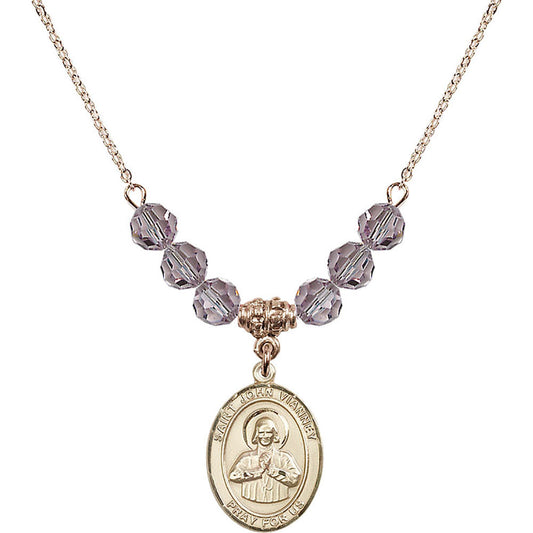 14kt Gold Filled Saint John Vianney Birthstone Necklace with Light Amethyst Beads - 8282