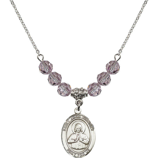 Sterling Silver Saint John Vianney Birthstone Necklace with Light Amethyst Beads - 8282
