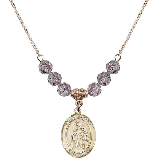14kt Gold Filled Saint Angela Merici Birthstone Necklace with Light Amethyst Beads - 8284