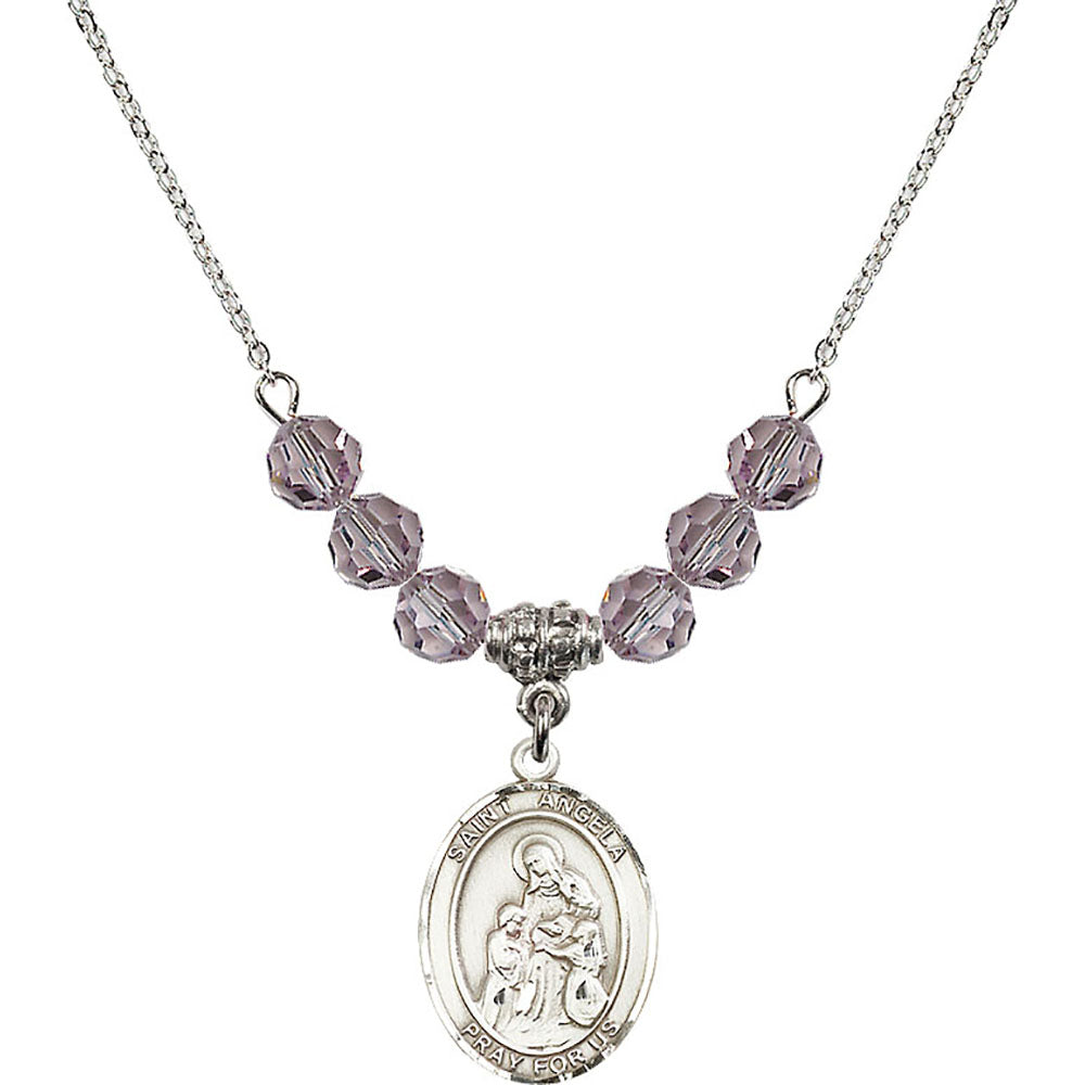 Sterling Silver Saint Angela Merici Birthstone Necklace with Light Amethyst Beads - 8284