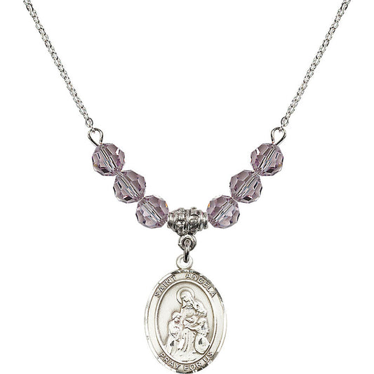 Sterling Silver Saint Angela Merici Birthstone Necklace with Light Amethyst Beads - 8284