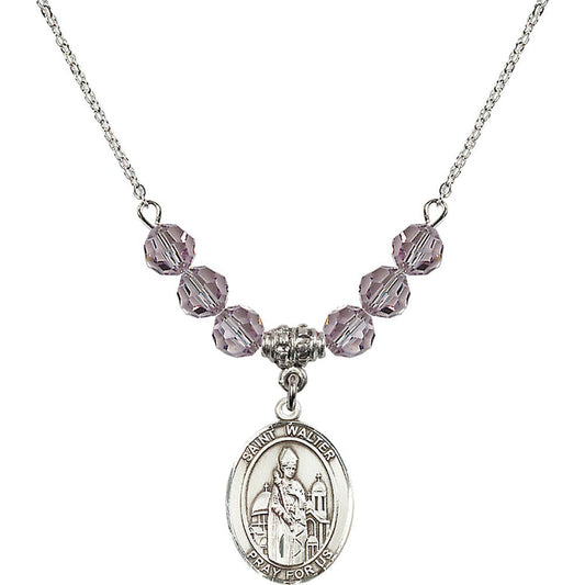 Sterling Silver Saint Walter of Pontoise Birthstone Necklace with Light Amethyst Beads - 8285