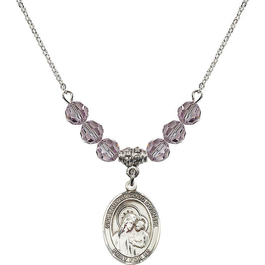 Sterling Silver Our Lady of Good Counsel Birthstone Necklace with Light Amethyst Beads - 8287