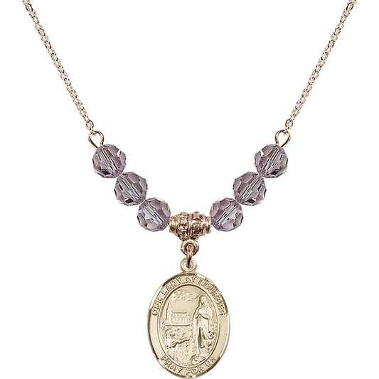 14kt Gold Filled Our Lady of Lourdes Birthstone Necklace with Light Amethyst Beads - 8288