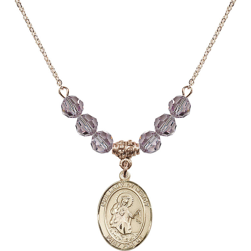 14kt Gold Filled Our Lady of Mercy Birthstone Necklace with Light Amethyst Beads - 8289
