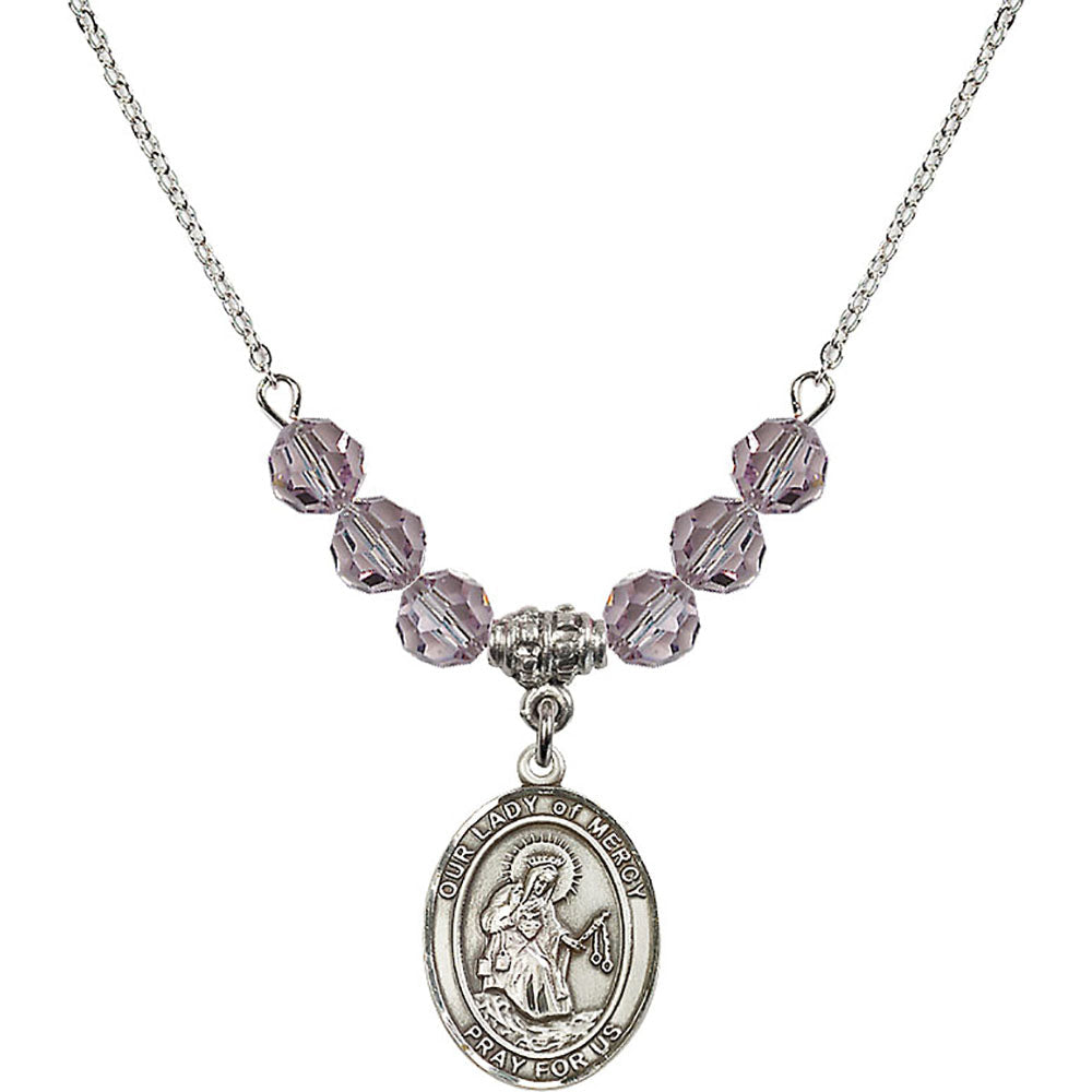 Sterling Silver Our Lady of Mercy Birthstone Necklace with Light Amethyst Beads - 8289