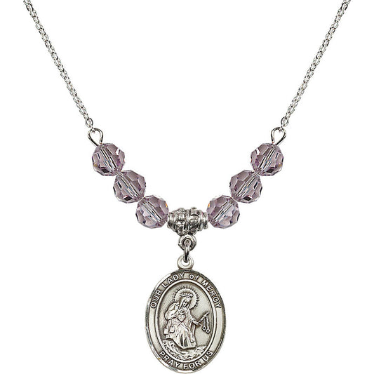 Sterling Silver Our Lady of Mercy Birthstone Necklace with Light Amethyst Beads - 8289