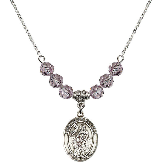 Sterling Silver Saint Peter Nolasco Birthstone Necklace with Light Amethyst Beads - 8291