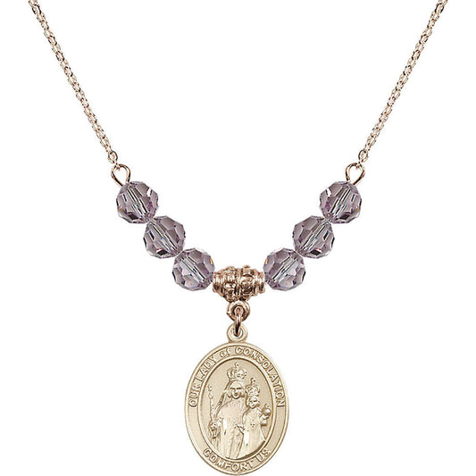 14kt Gold Filled Our Lady of Consolation Birthstone Necklace with Light Amethyst Beads - 8292