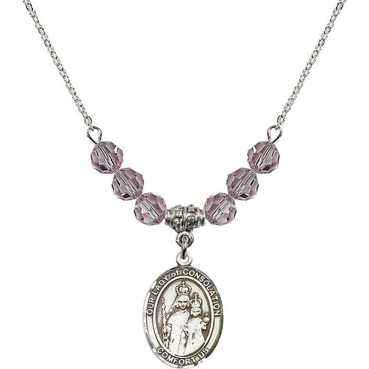 Sterling Silver Our Lady of Consolation Birthstone Necklace with Light Amethyst Beads - 8292