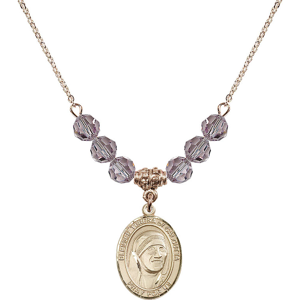 14kt Gold Filled Saint Teresa of Calcutta Birthstone Necklace with Light Amethyst Beads - 8295