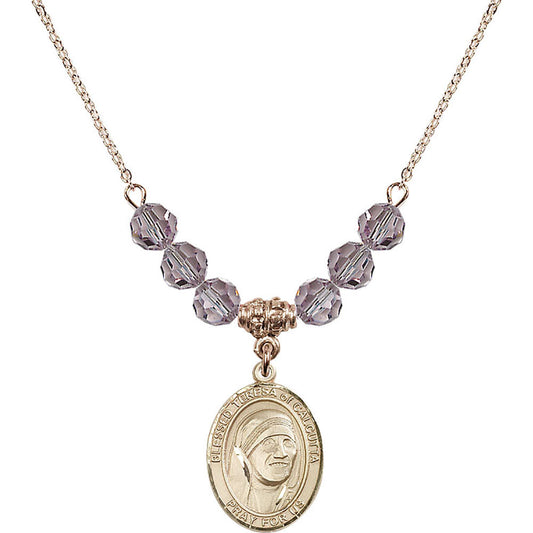 14kt Gold Filled Saint Teresa of Calcutta Birthstone Necklace with Light Amethyst Beads - 8295