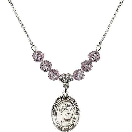 Sterling Silver Saint Teresa of Calcutta Birthstone Necklace with Light Amethyst Beads - 8295