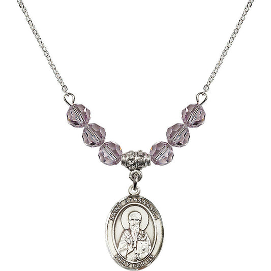 Sterling Silver Saint Athanasius Birthstone Necklace with Light Amethyst Beads - 8296