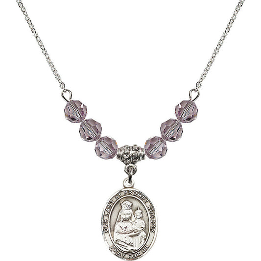 Sterling Silver Our Lady of Prompt Succor Birthstone Necklace with Light Amethyst Beads - 8299