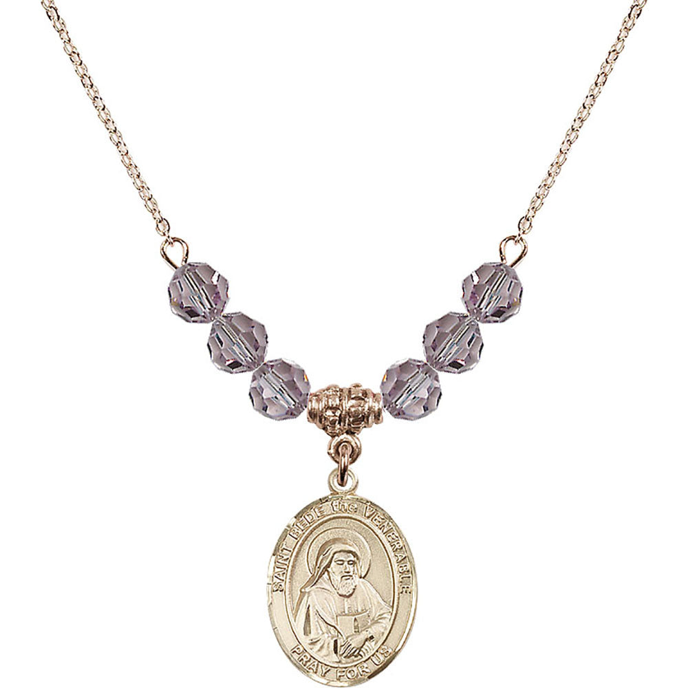 14kt Gold Filled Saint Bede the Venerable Birthstone Necklace with Light Amethyst Beads - 8302