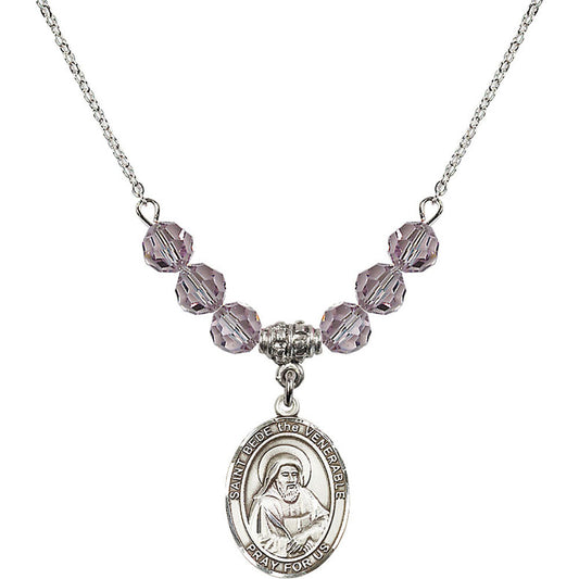 Sterling Silver Saint Bede the Venerable Birthstone Necklace with Light Amethyst Beads - 8302