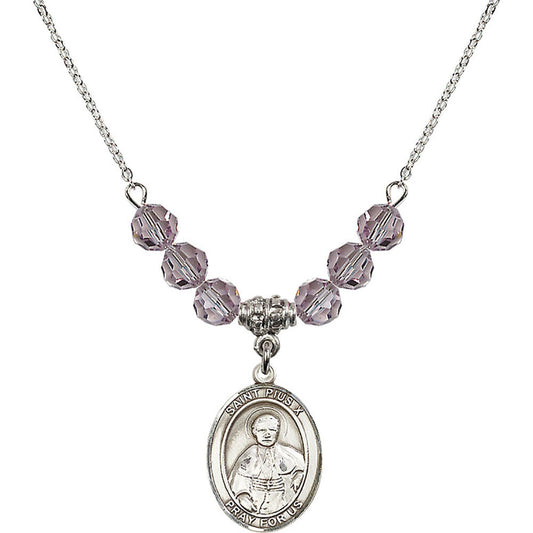 Sterling Silver Saint Pius X Birthstone Necklace with Light Amethyst Beads - 8305