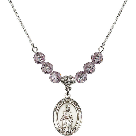 Sterling Silver Our Lady of Victory Birthstone Necklace with Light Amethyst Beads - 8306