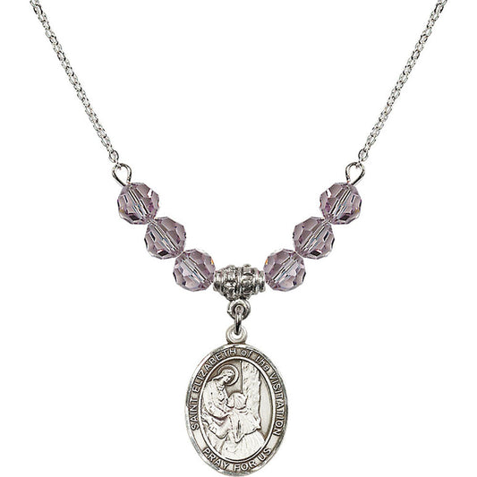 Sterling Silver Saint Elizabeth of the Visitation Birthstone Necklace with Light Amethyst Beads - 8311