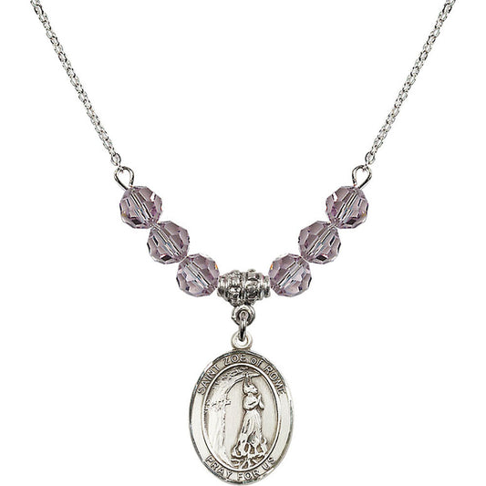 Sterling Silver Saint Zoe of Rome Birthstone Necklace with Light Amethyst Beads - 8314