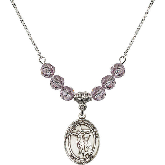 Sterling Silver Saint Paul of the Cross Birthstone Necklace with Light Amethyst Beads - 8318
