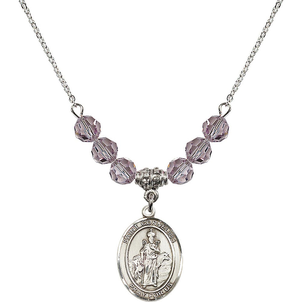 Sterling Silver Saint Cornelius Birthstone Necklace with Light Amethyst Beads - 8325
