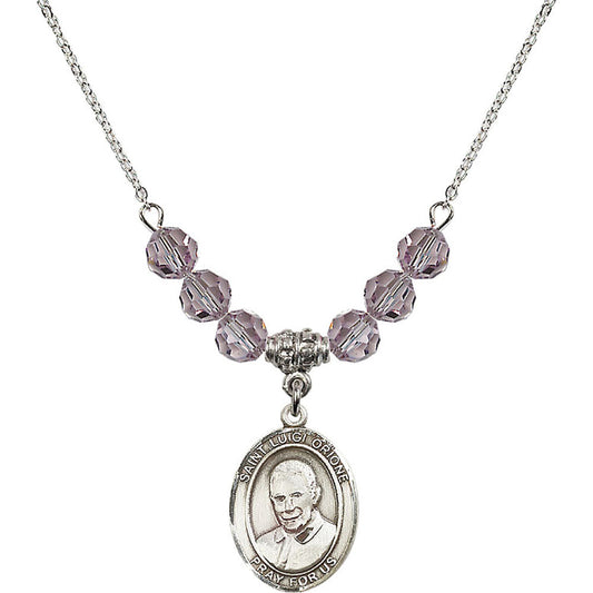 Sterling Silver Saint Luigi Orione Birthstone Necklace with Light Amethyst Beads - 8326