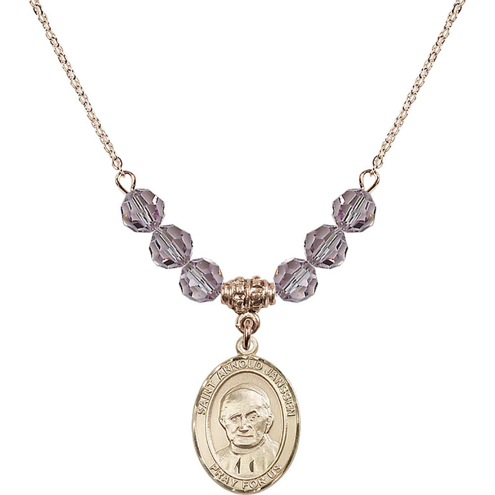 14kt Gold Filled Saint Arnold Janssen Birthstone Necklace with Light Amethyst Beads - 8328