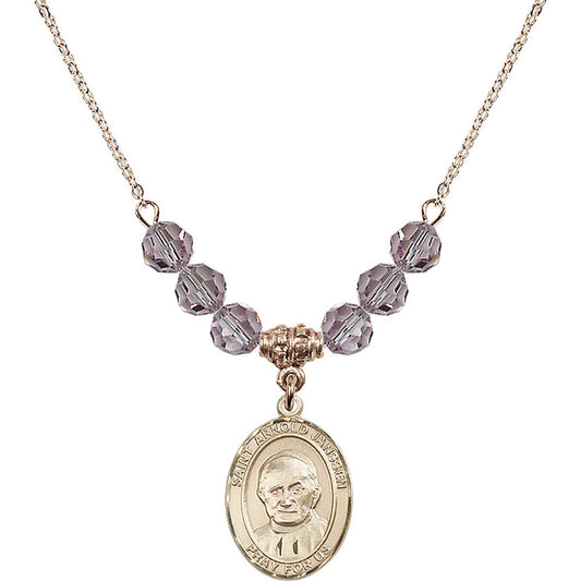 14kt Gold Filled Saint Arnold Janssen Birthstone Necklace with Light Amethyst Beads - 8328