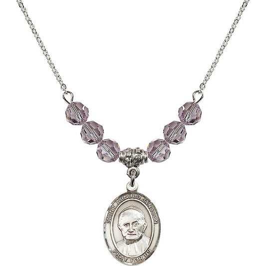 Sterling Silver Saint Arnold Janssen Birthstone Necklace with Light Amethyst Beads - 8328