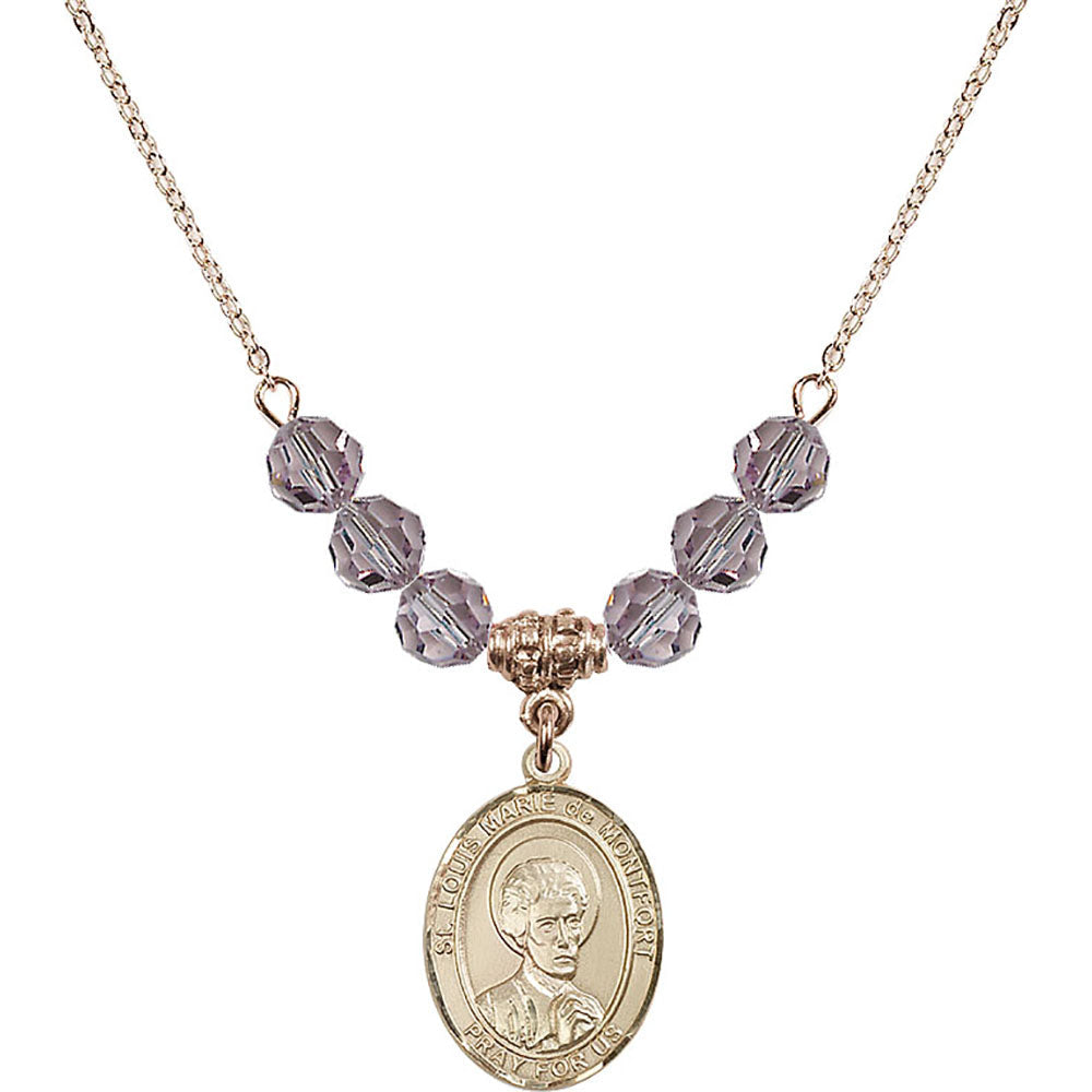 14kt Gold Filled Saint Louis Marie de Montfort Birthstone Necklace with Light Amethyst Beads - 8330
