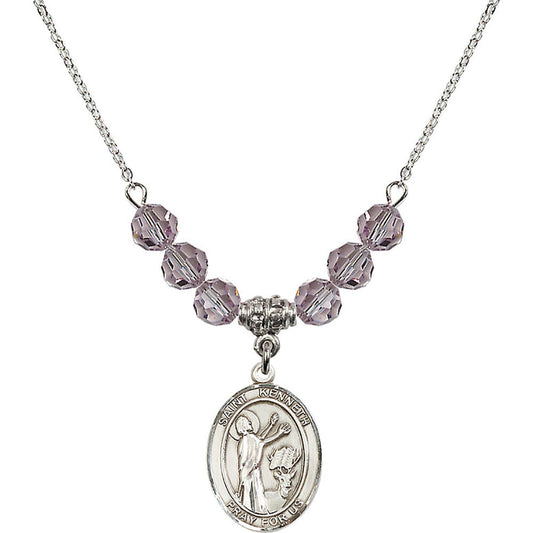 Sterling Silver Saint Kenneth Birthstone Necklace with Light Amethyst Beads - 8332