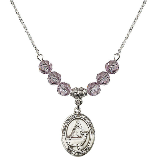 Sterling Silver Saint Catherine of Sweden Birthstone Necklace with Light Amethyst Beads - 8336
