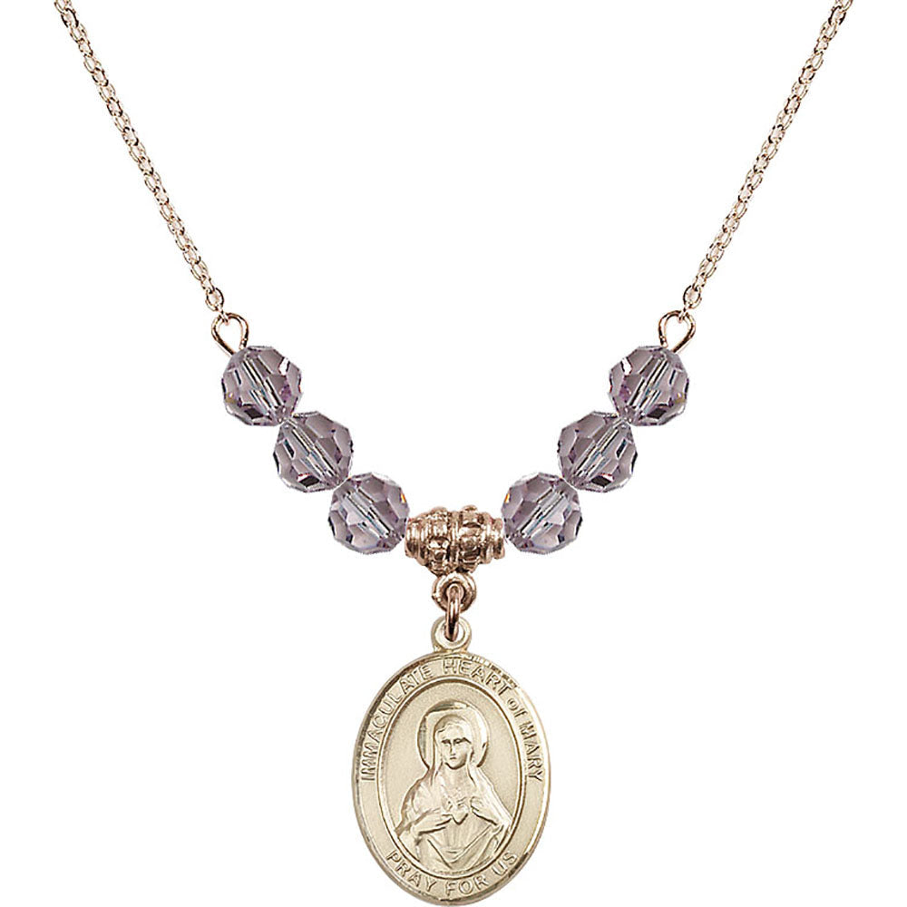 14kt Gold Filled Immaculate Heart of Mary Birthstone Necklace with Light Amethyst Beads - 8337