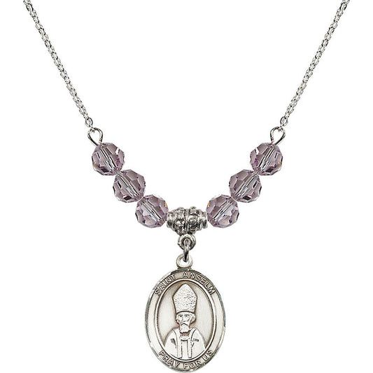Sterling Silver Saint Anselm of Canterbury Birthstone Necklace with Light Amethyst Beads - 8342
