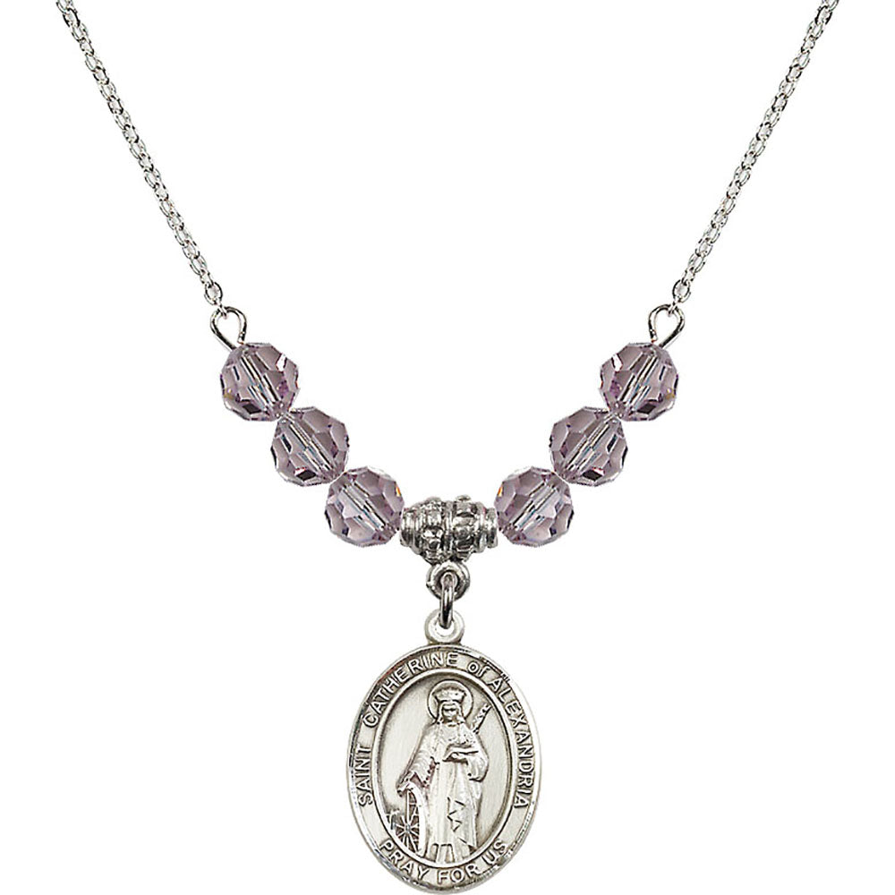 Sterling Silver Saint Catherine of Alexandria Birthstone Necklace with Light Amethyst Beads - 8343