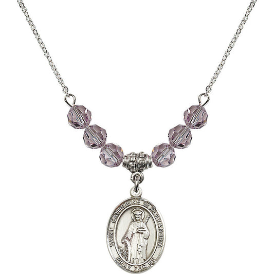 Sterling Silver Saint Catherine of Alexandria Birthstone Necklace with Light Amethyst Beads - 8343