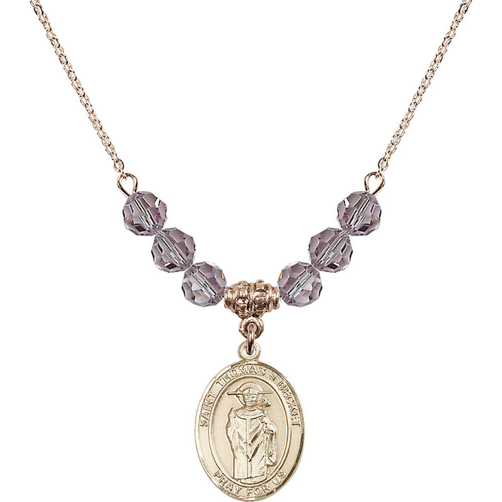 14kt Gold Filled Saint Thomas A Becket Birthstone Necklace with Light Amethyst Beads - 8344