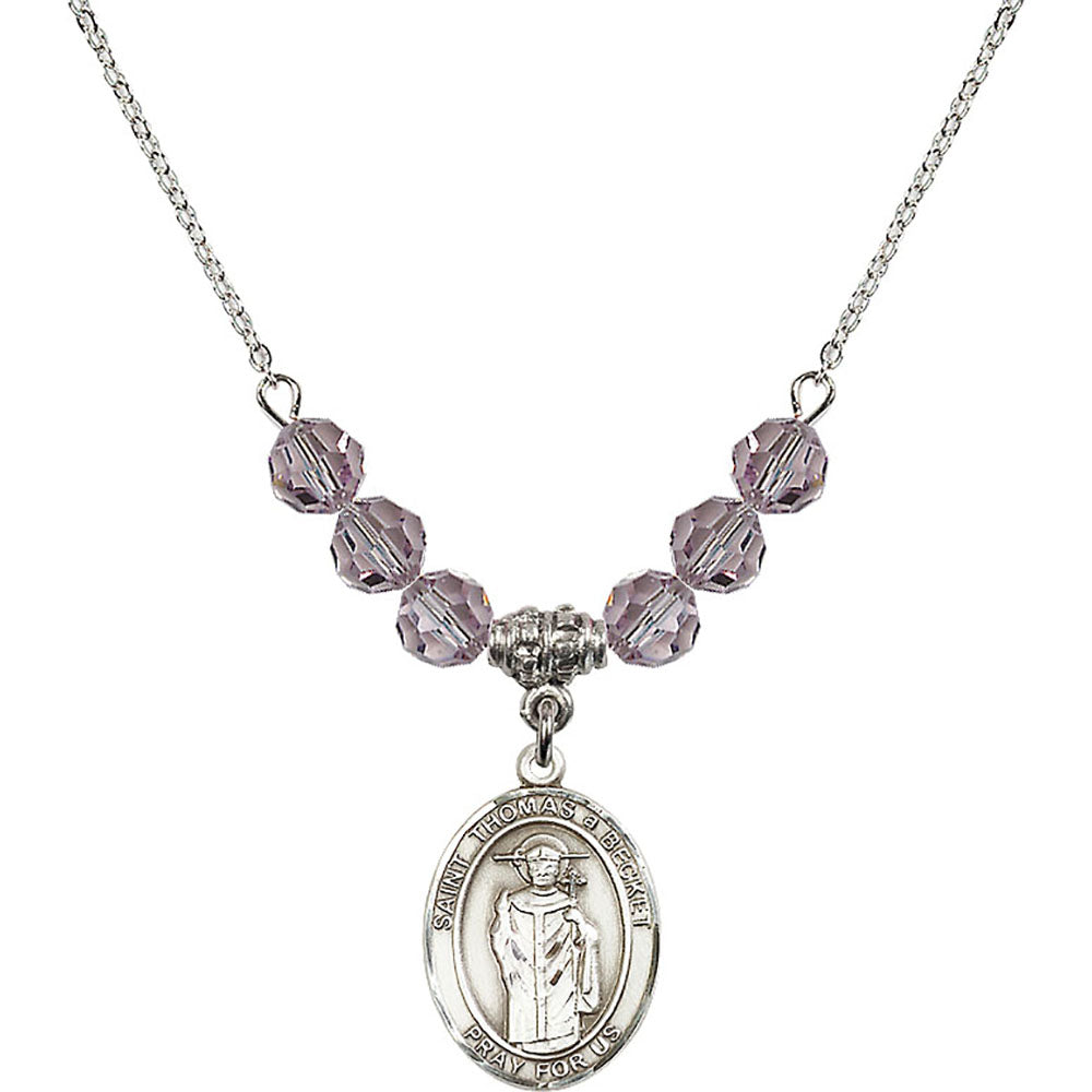 Sterling Silver Saint Thomas A Becket Birthstone Necklace with Light Amethyst Beads - 8344