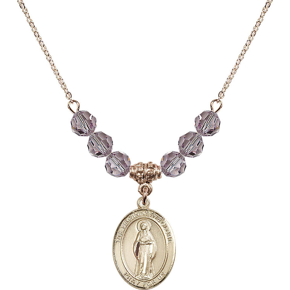 14kt Gold Filled Virgin of the Globe Birthstone Necklace with Light Amethyst Beads - 8345