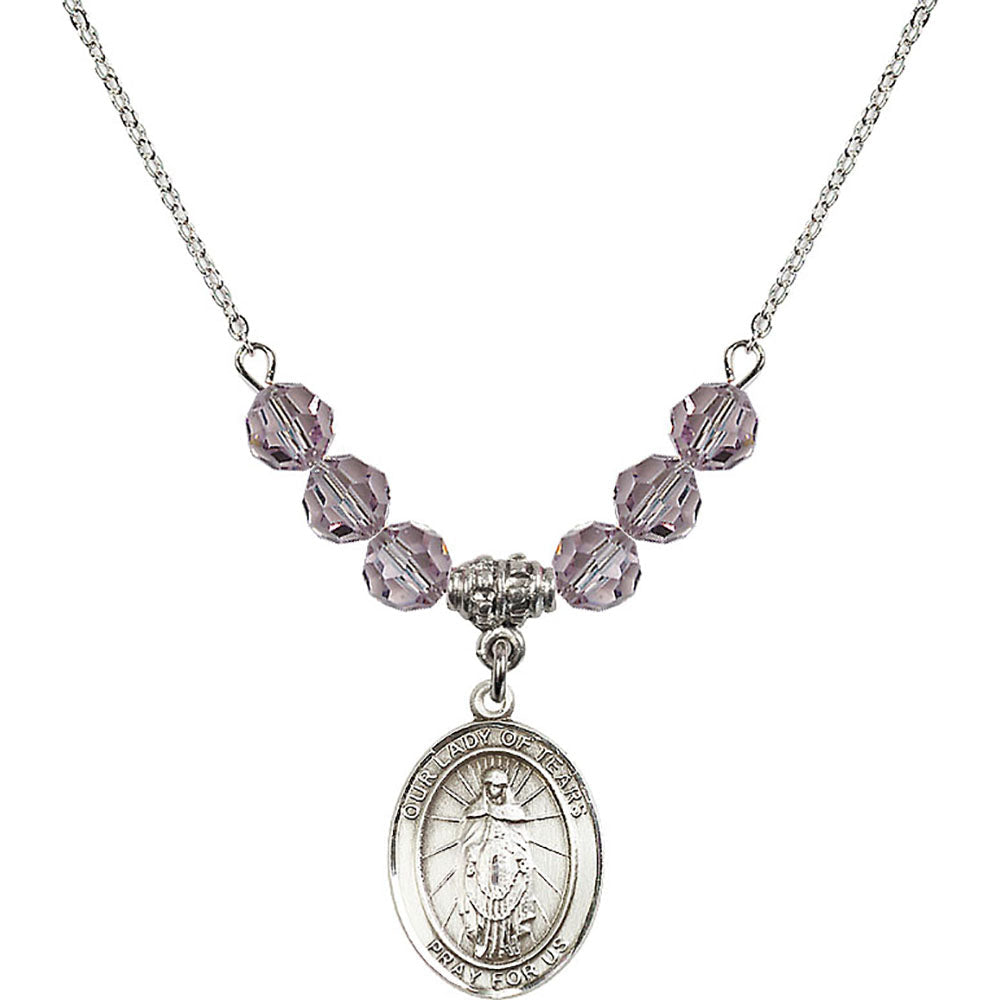 Sterling Silver Our Lady of Tears Birthstone Necklace with Light Amethyst Beads - 8346