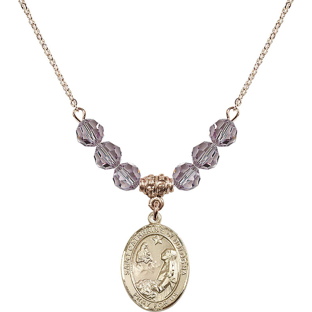 14kt Gold Filled Saint Catherine of Bologna Birthstone Necklace with Light Amethyst Beads - 8354